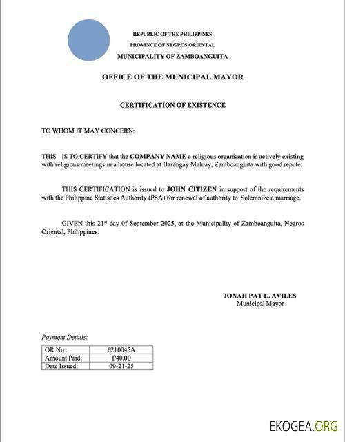 Modèle Word et PDF de certificat d'existence des Philippines, version 2